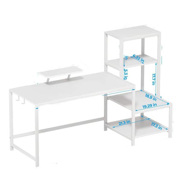 58 Inch Office Desk with Printer Shelf Reversible Shelves Monitor Stand Dual Hooks Movable Stand Full White