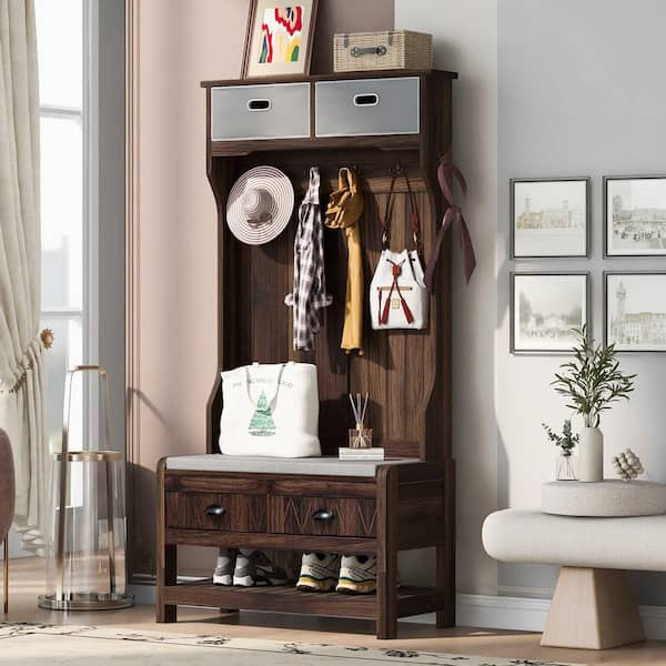 Hall Tree with 6-Hooks and Hinged Lid, Coat Hanger, Entryway Bench, Storage Bench, 3 in 1-Design, 69 in. Brown