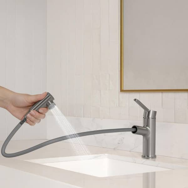 1-Handle Pull-Out Single Hole Bathroom Faucet with 2 Water Flow Modes Spot Resistant in Brushed Nickel with Drain