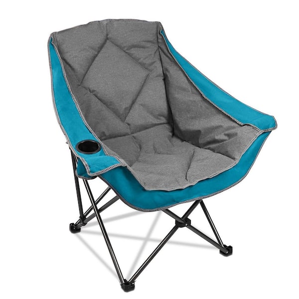 Folding Camping Chair, Oversized Portable Camping Chair with Cup Holder, Heavy Duty Padded Lawn Chair Lake Blue