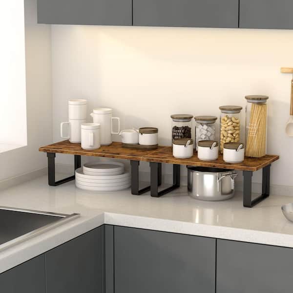 4-Shelf Rustic Brown Stackable Expandable Anti-Slip Kitchen Cabinet Shelf Organizer Easy Assembly Set of 4