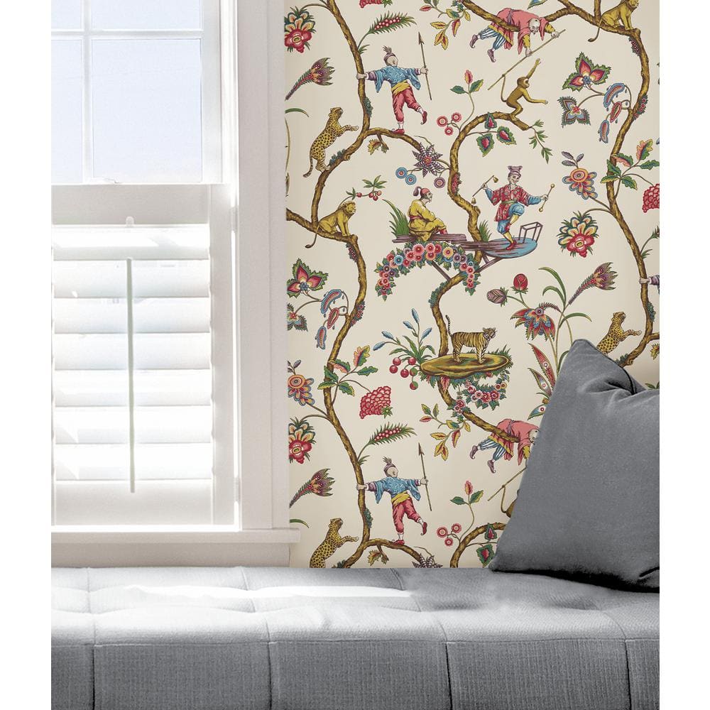 White Chinoise Exotique Multicolor Self-Adhesive Vinyl Wallpaper