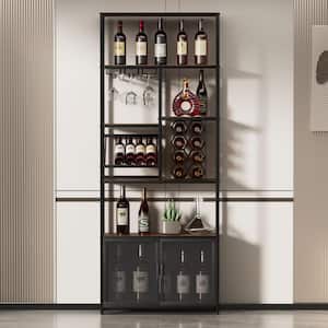 82.7 Inch Black 30 Bottles Freestanding Bar Wine Rack with Glass Holder and Storage Shelves