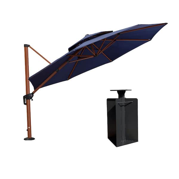 PURPLE LEAF 12 ft. Octagon High-Quality Wood Pattern Aluminum Cantilever Polyester Patio Umbrella with Base in Ground, Navy Blue
