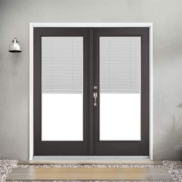 72 in. x 80 in. Black Right-Hand Inswing Fiberglass Full Lite Blinds Glass Hinged Patio Door