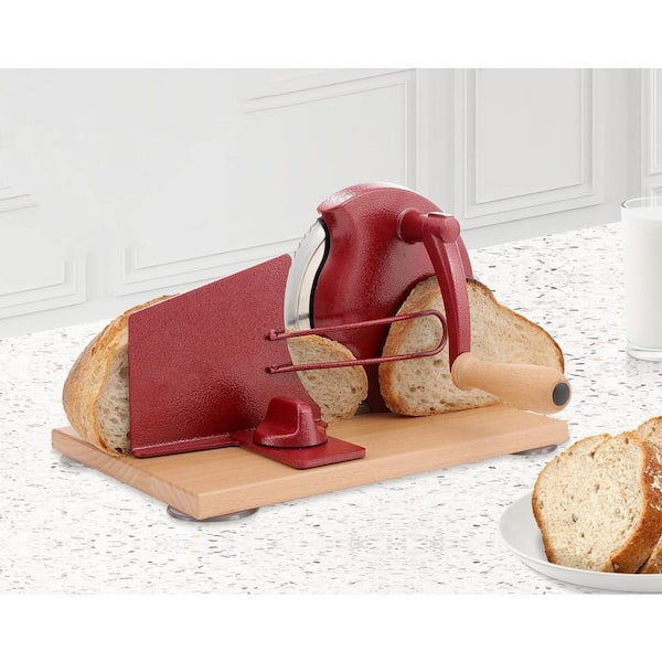 6.5 in Full Tang Stainless Steel Blade Manual Bread Slicer with Hand Crank, Adjustable Thickness, Wood Base, Red Handle