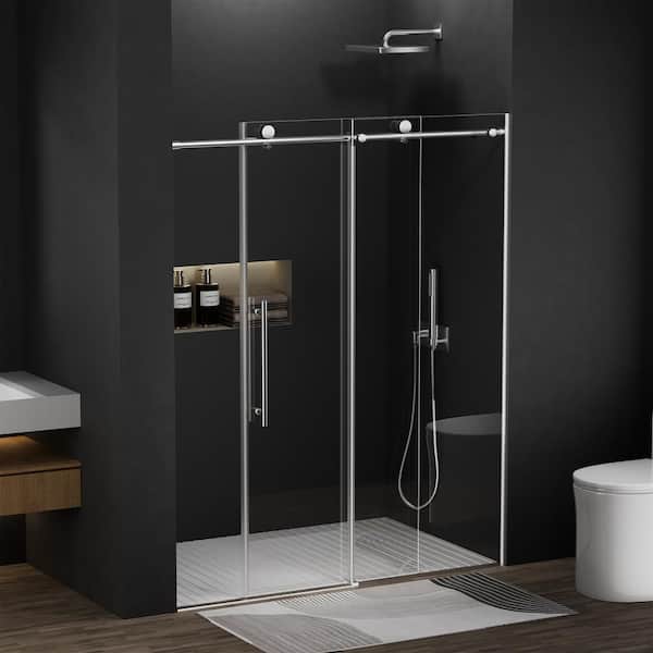 Simple Project 56 in. to 60 in. x 75 in. Frameless Sliding Shower Door in Brushed Nickel with Clear Glass