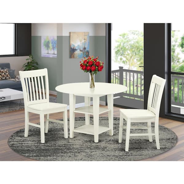 East West Furniture 3-Piece Linen White Finish Round Solid Wood Top Dining Table Set