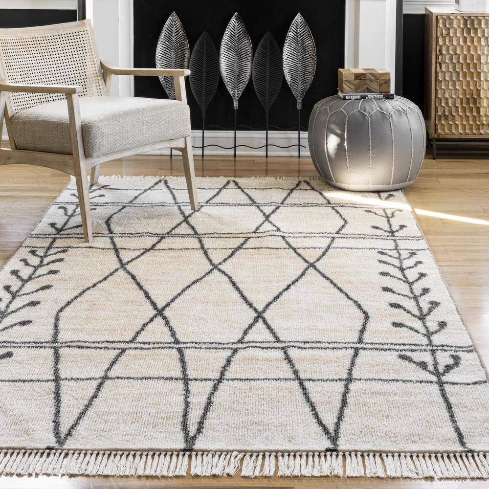 Beige and Black Rectangular Synthetic Area Rug