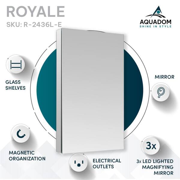 Aquadom Royale 24 in. W x 36 in. H Rectangular Medicine Cabinet with Mirror Defogger, Removable 3X Magnifying Mirror, Left Hinge