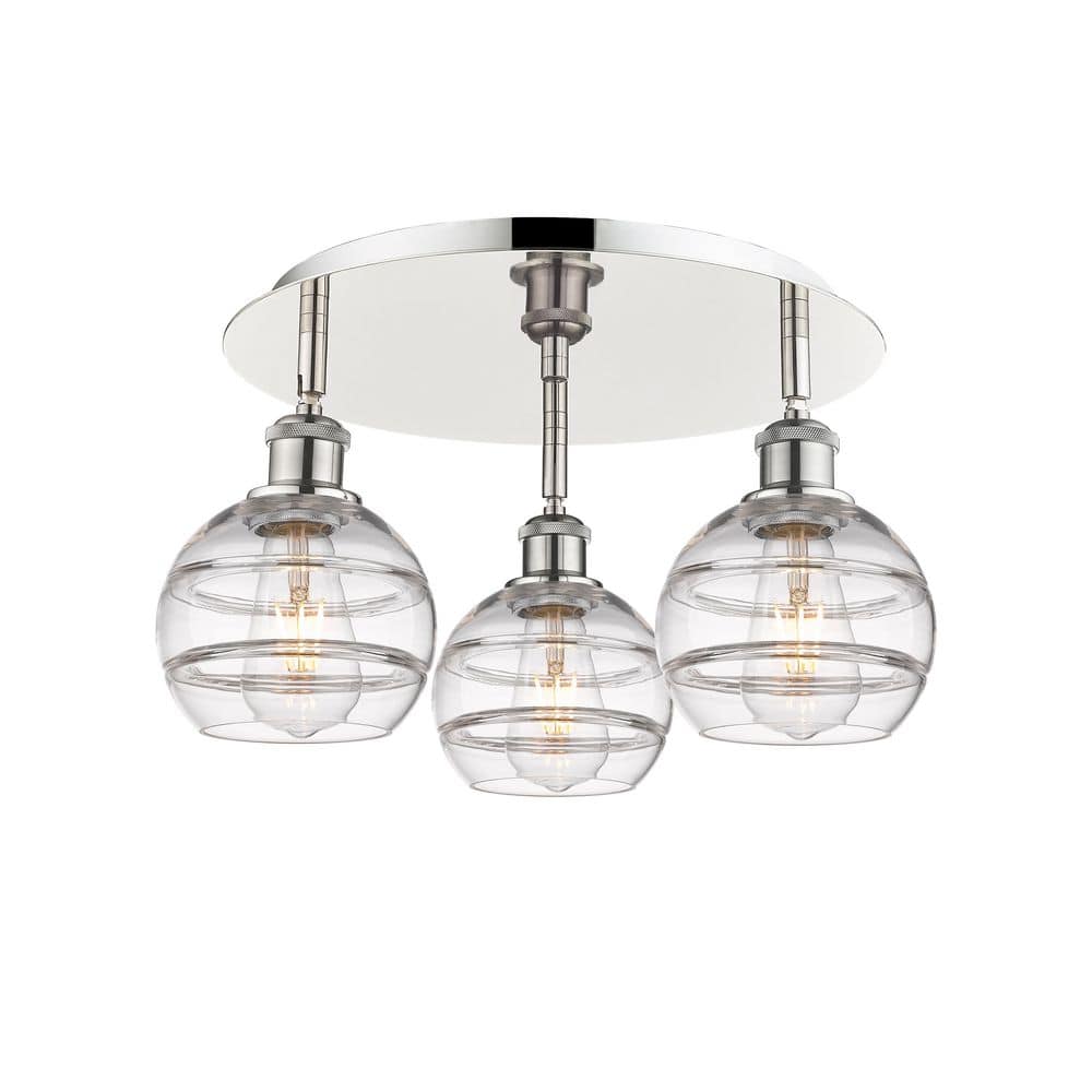 Rochester 17.63 in. 3-Light Polished Nickel Industrial Flush Mount with Clear Glass Shade price history on PriceWatchPro