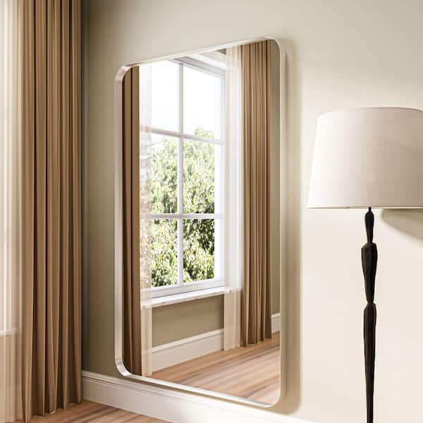 40 in. W x 60 in. H Rectangular Aluminum Framed Modern Silver Rounded Wall Mirror