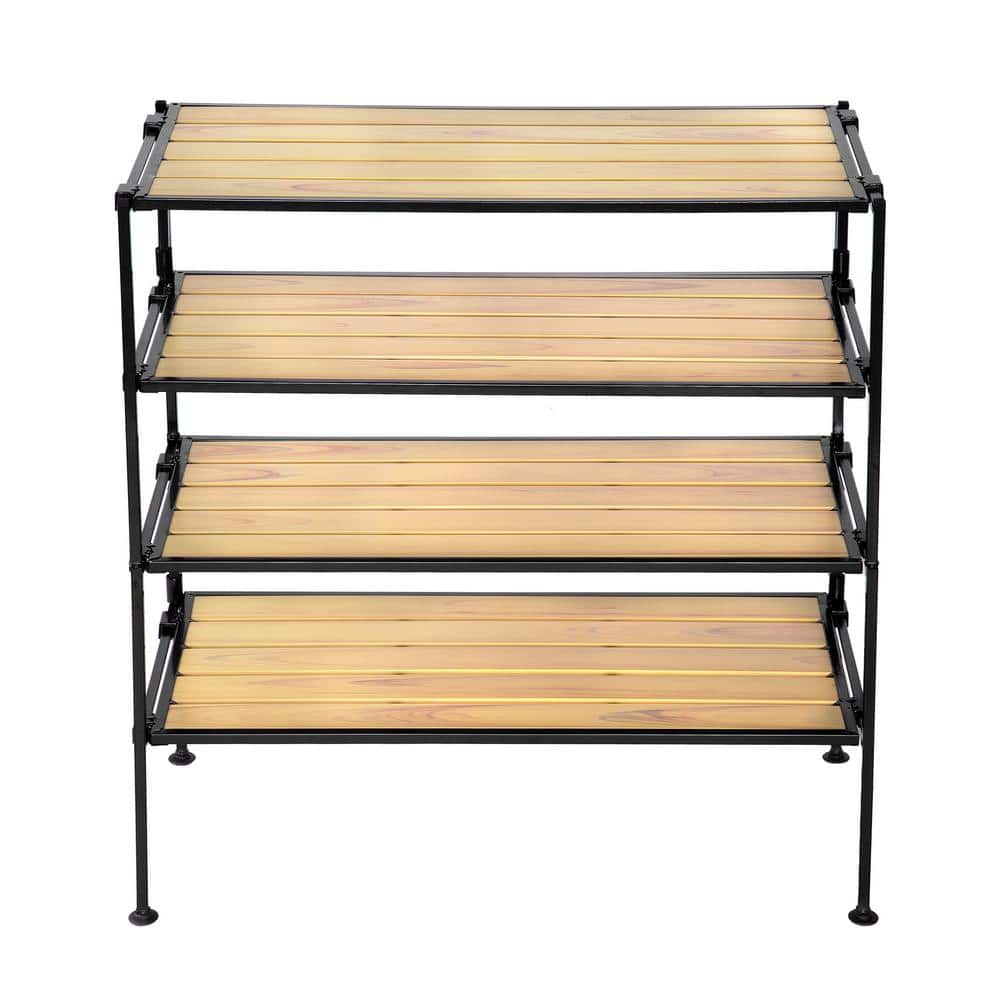 28'' Black Metal and Woodgrain 2-Tier Stackable Shoe Rack