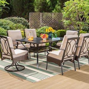 7-Piece Metal Patio Outdoor Dining Set with Black Rectangle Slat Table and chairs with Beige Cushions