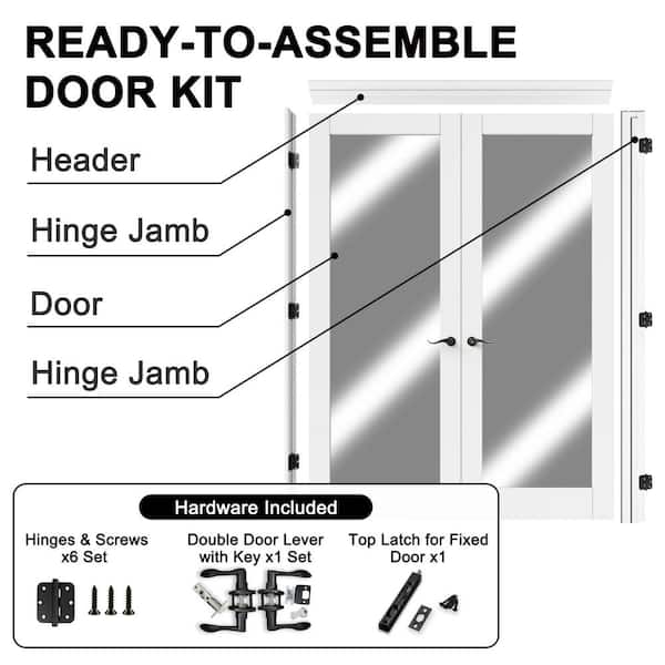 64 in. x 96 in. 1-Lite Mirrored Glass Universal Primed Solid Core Glass Double Prehung French Door+ Quick Assemble Jamb