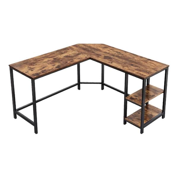 Siavonce 53.00 in. L Shape Wood and Metal Frame Retangular Computer Desk with 2-Adjustable Shelves, Brown