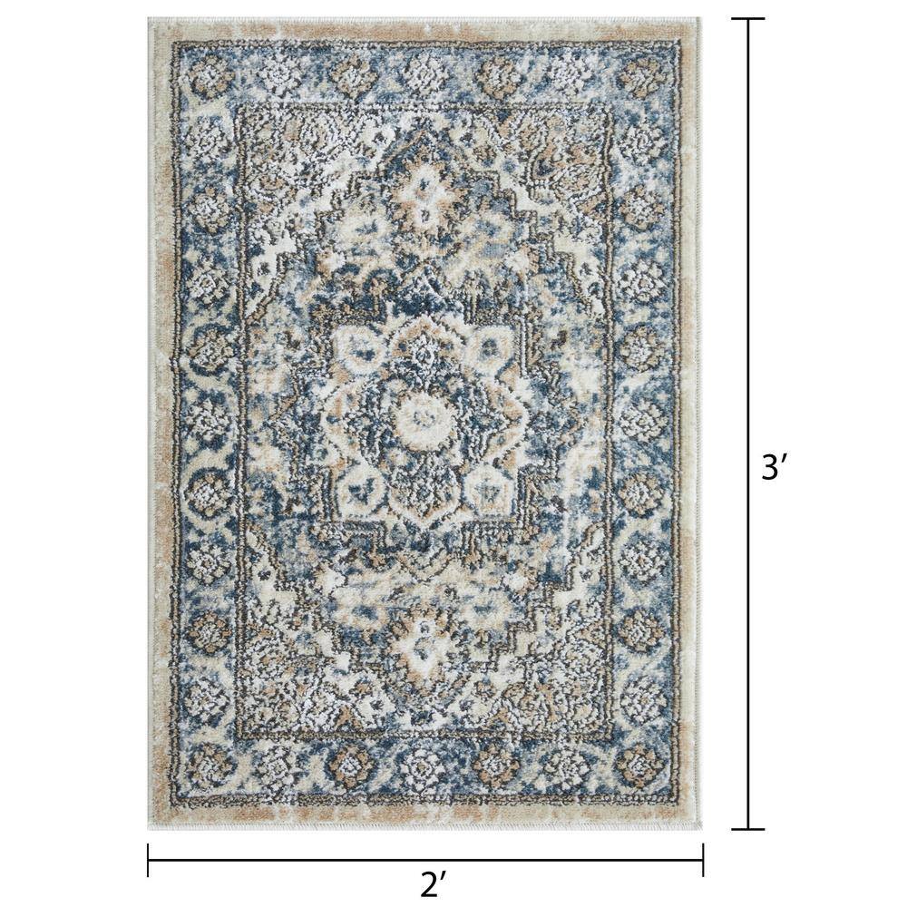 Blue and Beige Floral Medium Pile Synthetic Area Rug