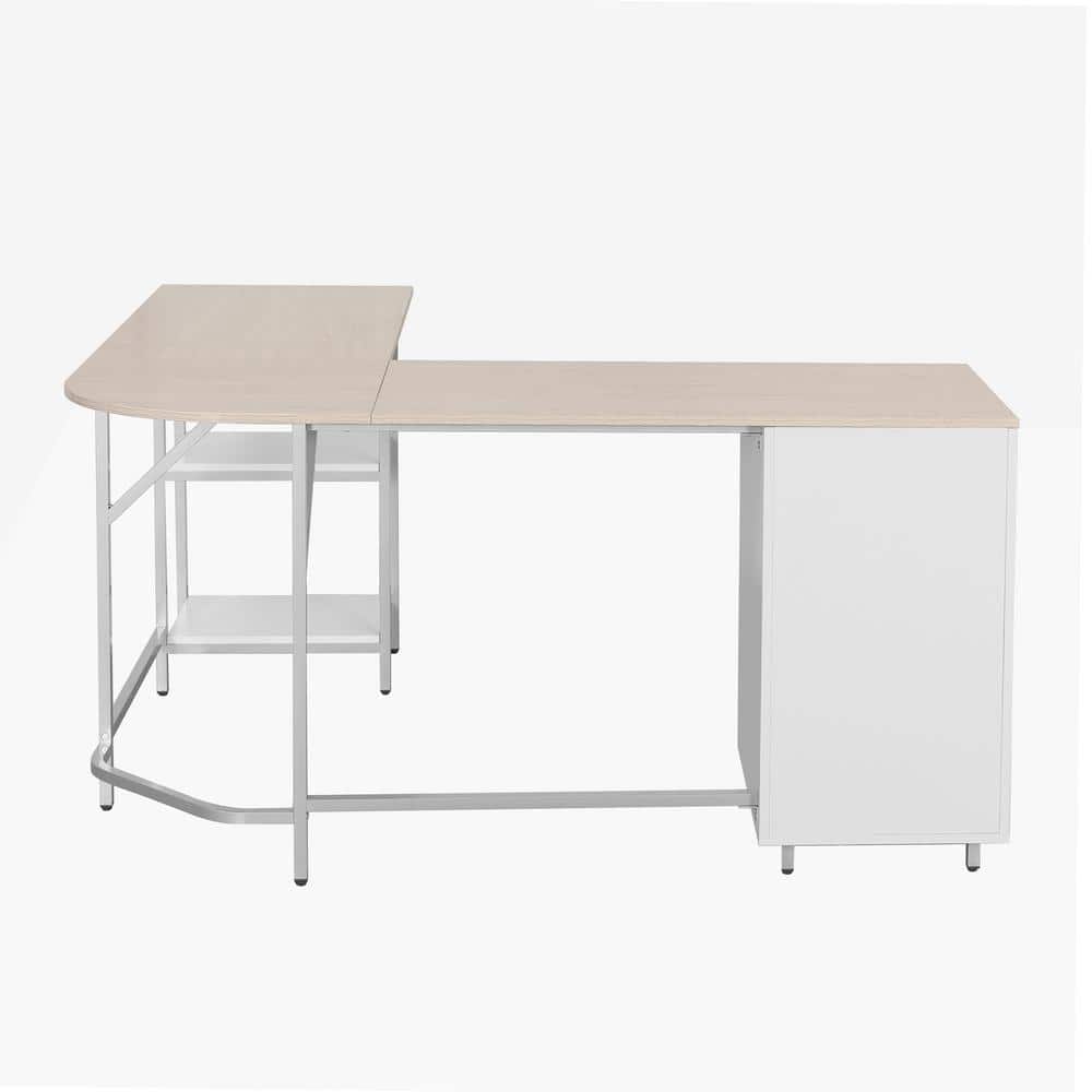 Sand Wood L-Shape Gaming Computer Desk with Drawer