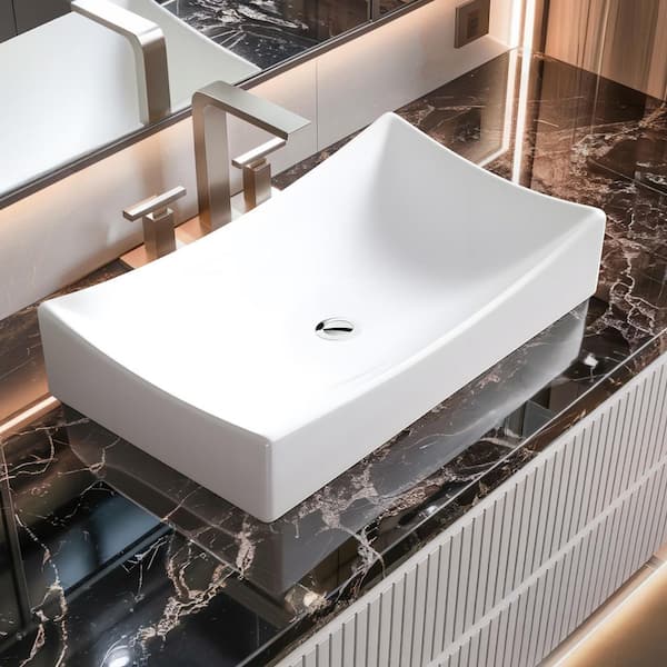 Ruth Series 22 in. Rectangular Ceramic Vessel Sink Basin in Glossy White with Curved Edge for Countertop Bathroom Vanity