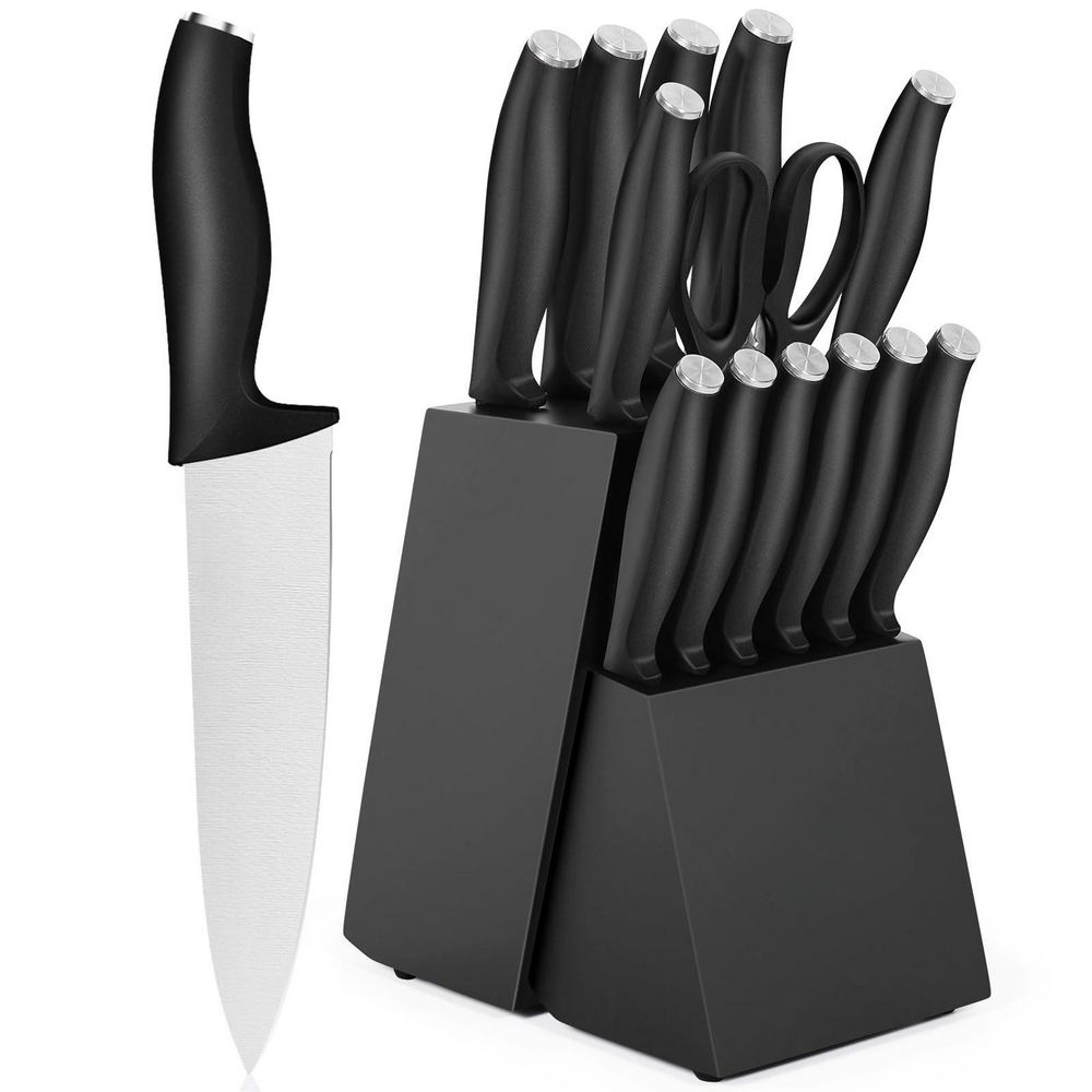 15-Piece Black High Carbon Stainless Steel Sharp Knife Set with Built-in Sharpener and Knife Block, Partial Serrated