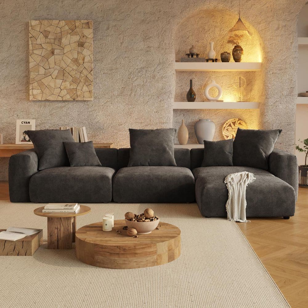 Modern 142 in. Square Arm Corduroy Modular Oversized Floor Sectional Sofa with Ottoman and Removable Covers in Black