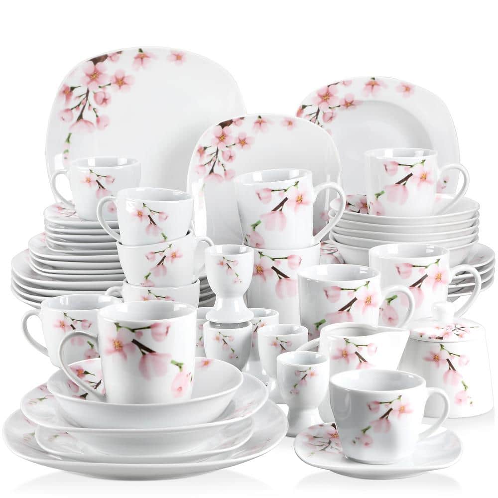 VEWEET Ashley 24-Piece Ivory White Porcelain Ceramic Red Flowers Dinner Set of 6 x Bowls/Dessert Plates/Soup Plates/Dinner Plates 