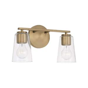 14.5 in. W x 8.25 in. H 2-Light Vanity Light in Aged Brass with Clear Glass