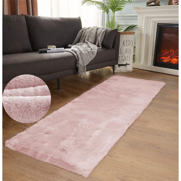 Mmlior Faux Rabbit Fur Pink 2 ft. x 6 ft. Fluffy Cozy Furry Area Rug Runner Rug