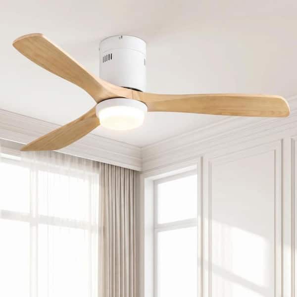 52 in. Integrated LED Indoor Flush Mount Oak Standard Ceiling Fan with Dimmable Light and Remote DC Motor
