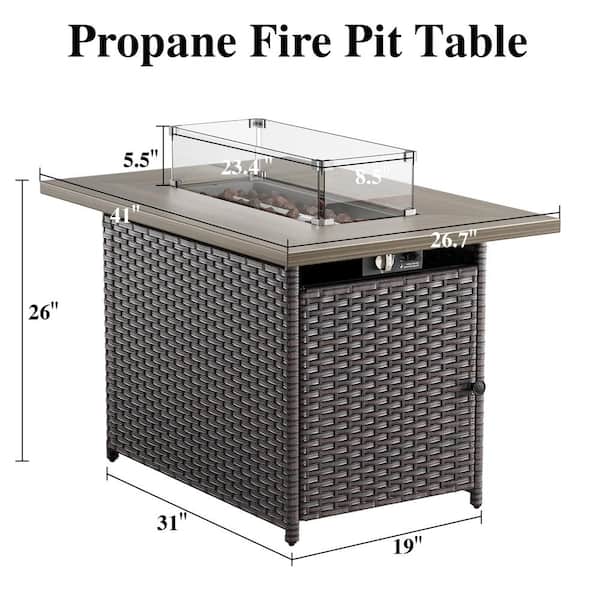 Arcline 41 In. 50000 BTU Rectangle Brown Wicker Outdoor Gas Fire Pit Table with Volcanic Stone