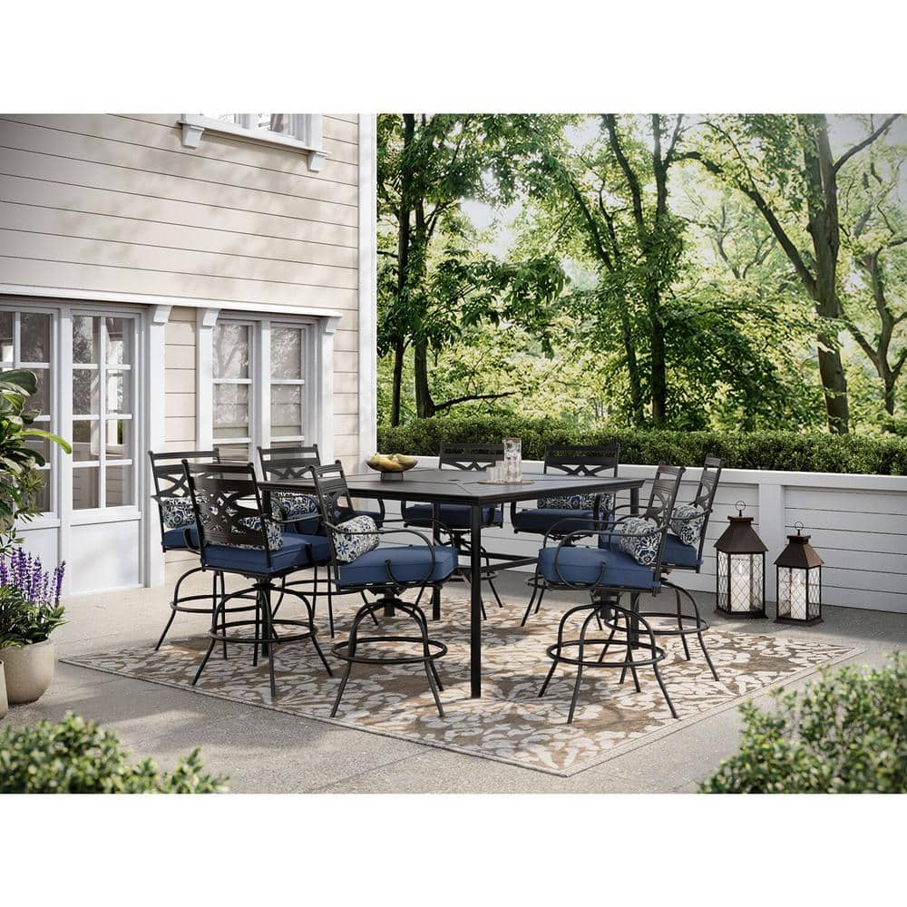 Montclair 9-Piece Steel Outdoor Dining Set with Navy Blue Cushions, 8 Swivel Chairs and 60 in. Counter Height Table -  Hanover, 840148708488