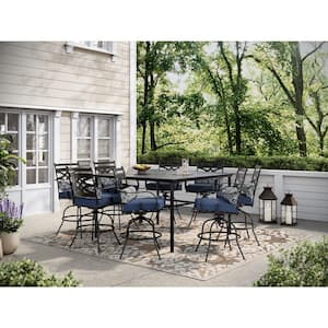 Montclair 9-Piece Steel Outdoor Dining Set with Navy Blue Cushions, 8 Swivel Chairs and 60 in. Counter Height Table
