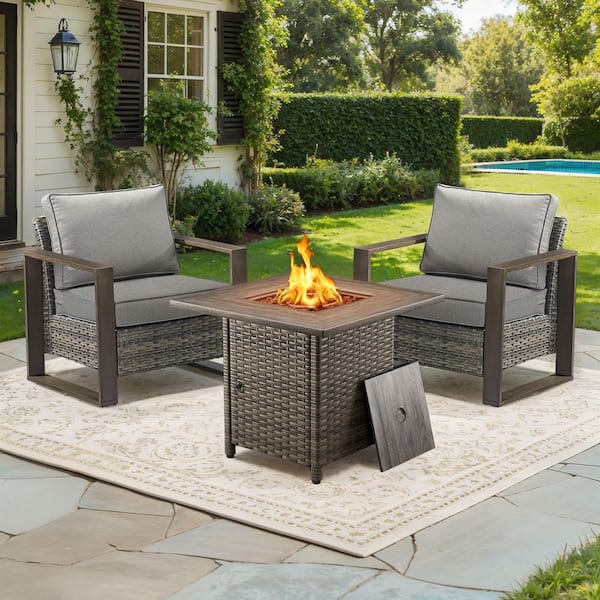 FanKan Gray 3-Piece Wicker Outdoor Glider Chair Patio Deep Seating with Rectangular Fire Table and Gray Cushions