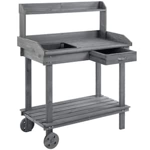 36 in. Outdoor Wooden Serving Cart in Gray, Potting Bench Worktable with 2 Removable Wheels, Sink, Drawer