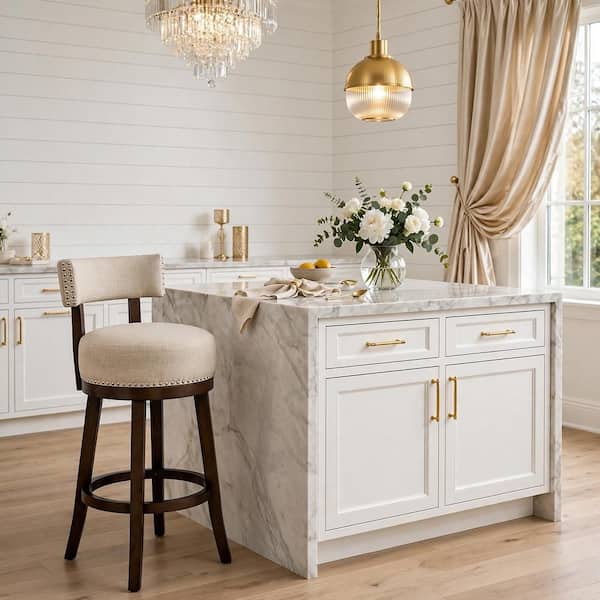 29 in. Dark Oak and Beige Low Back Wooden Frame Bar Stool with Linen Seat (Set of 2)
