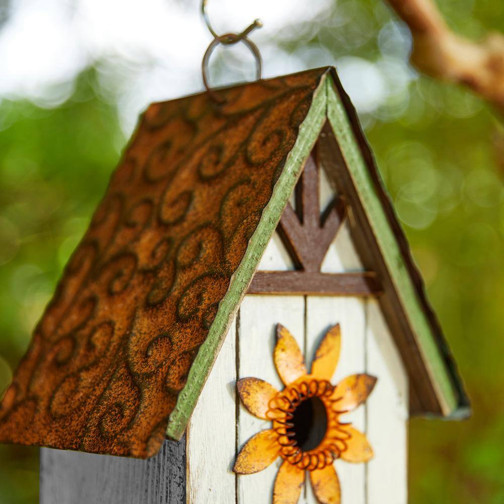 Distressed White and Brown Solid Wood Birdhouse with 3D Metal Flower