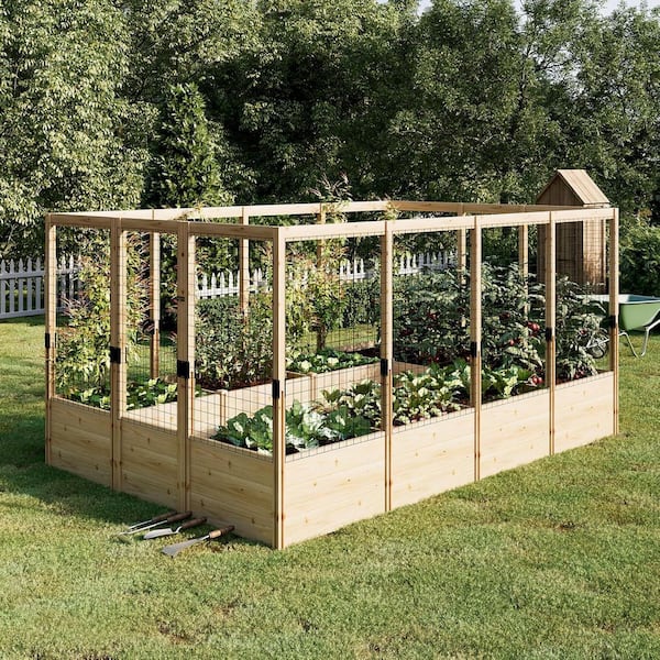 8 ft. x 12 ft. x 6 ft. Wooden Raised Garden Bed with Netting for Gardening for Outdoor Natural Wood Finish