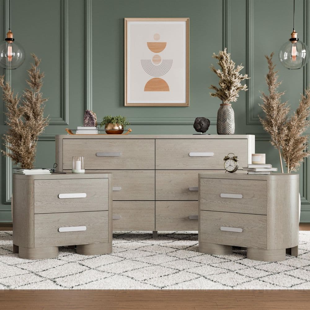 Susan 3-Piece White Oak 2-Drawer Set of 2 Nightstands and Dresser with USB Charging Ports