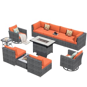 Messi Grey 11-Piece Wicker Outdoor Patio FirePit Conversation Sofa Set with Swivel Chairs and Orange Red Cushions