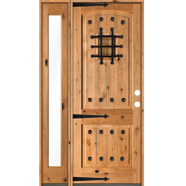 Krosswood Doors 62 in. x 96 in. Mediterranean Knotty Alder Left-Hand/Inswing Clear Glass Clear Stain Wood Prehung Front Door w/Sidelite