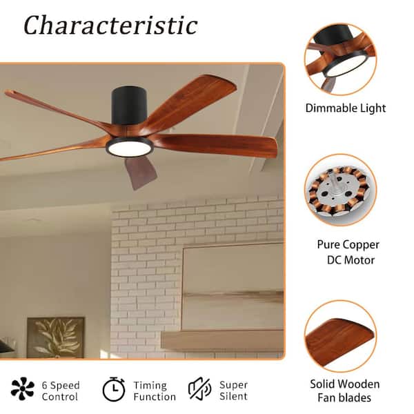 60 in. Black Flush Mount Standard Indoor Wood Ceiling Fan Included Remote Control and Dimmable LED