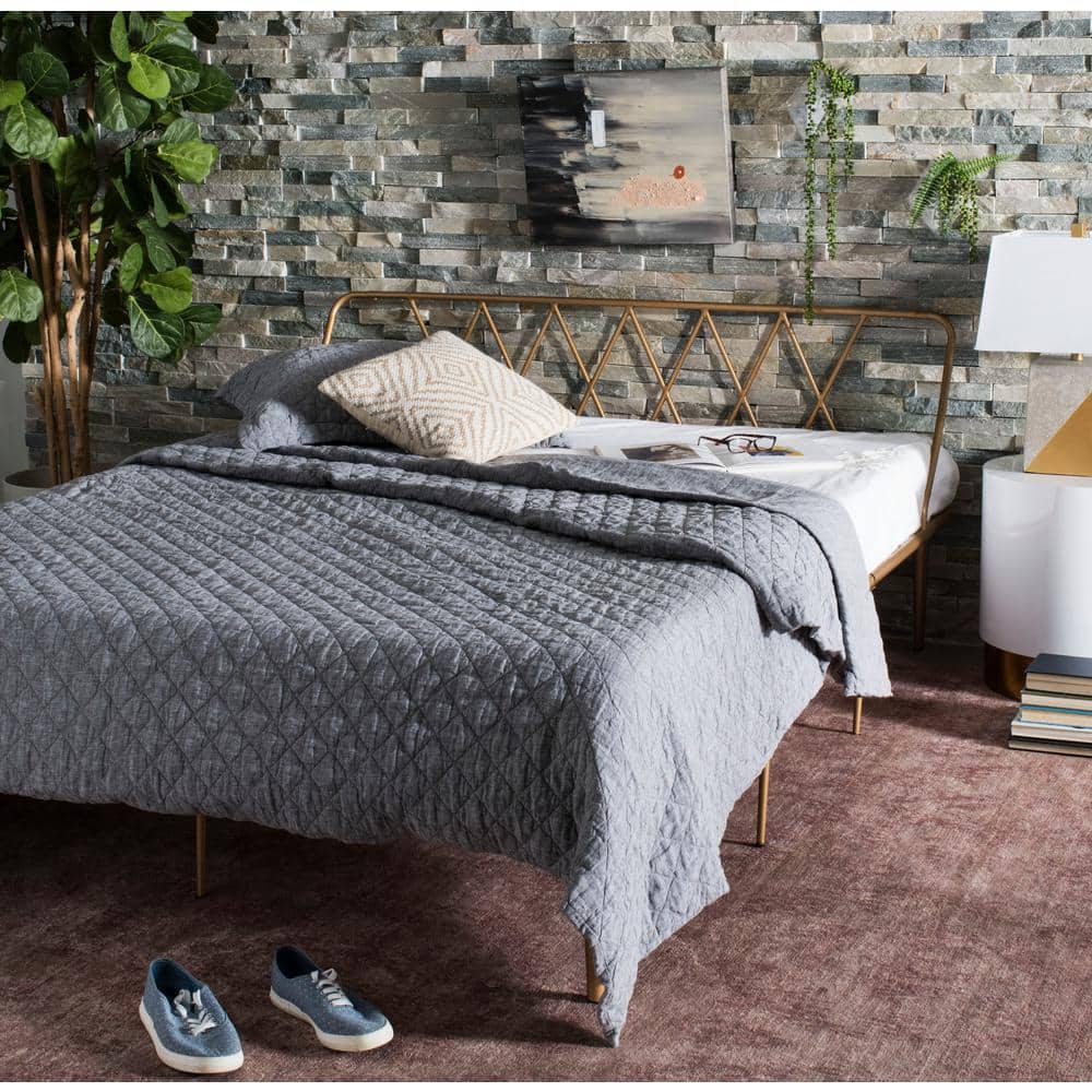 Queen Gold Metal Upholstered Bed Frame with Headboard