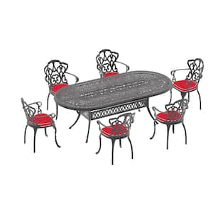 Lily Black 7-Piece Cast Aluminum Outdoor Dining Set with Oval Table and Dining Chairs with Random Color Cushion