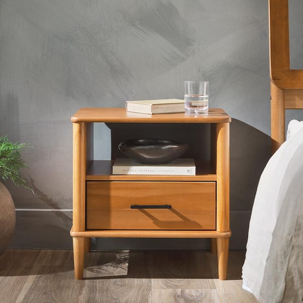 Walker Edison Furniture Company 1-Drawer Caramel Solid Wood Transitional Storage Nightstand Tapered Legs, (Set of 2)