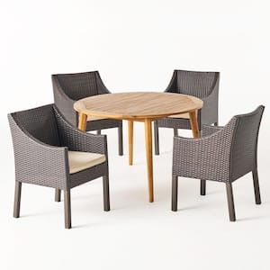Torrence Multi-Brown 5-Piece Wood and Plastic Outdoor Dining Set with Beige Cushions