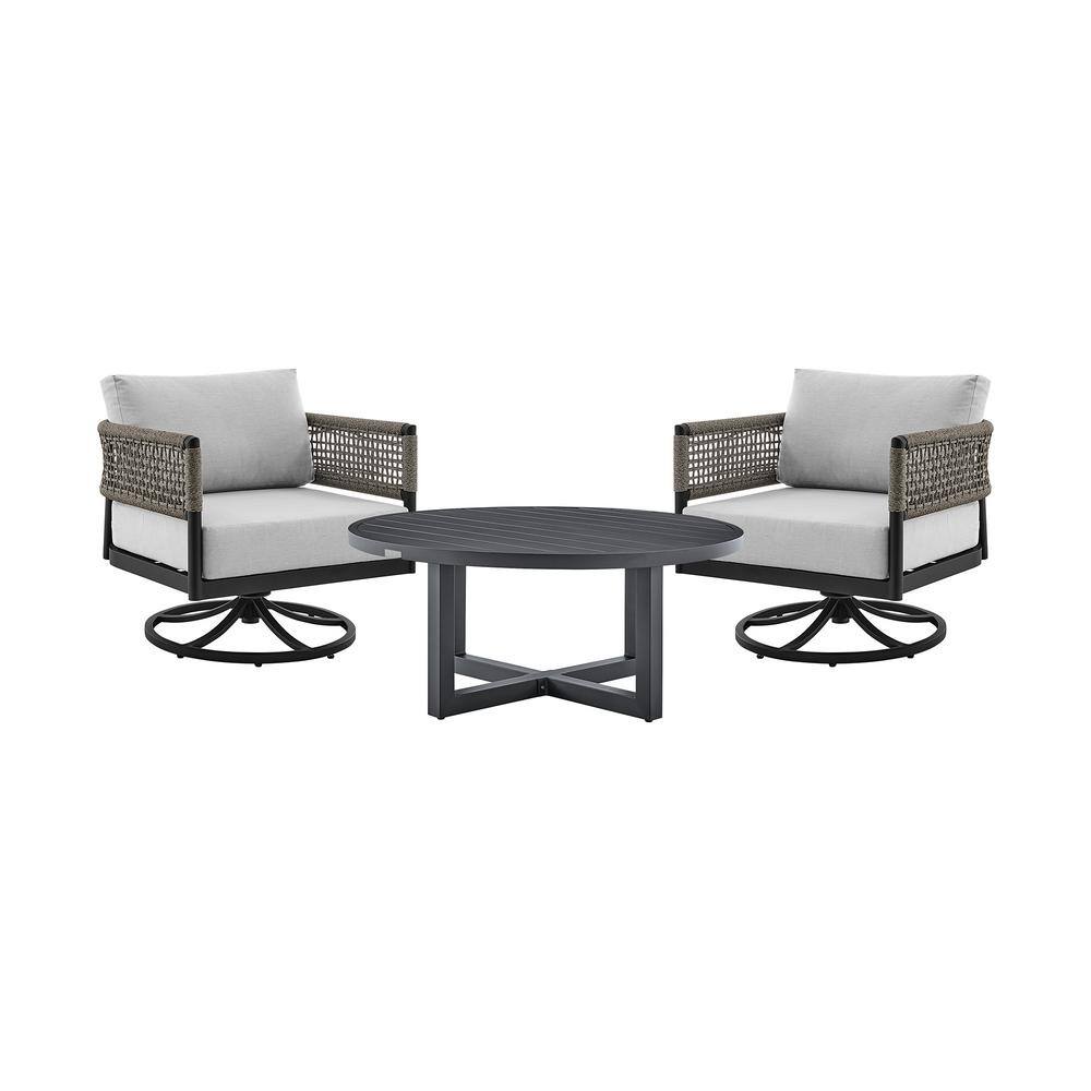 Felicia and Argiope Black Aluminum 3-Piece Patio Set with Grey Rope and Cushions