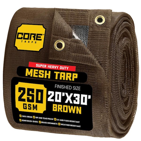 Unbranded 20 ft. X 30 ft. Brown 250 GSM 7.5 oz Heavy Duty Mesh Tarp, UV Resistant