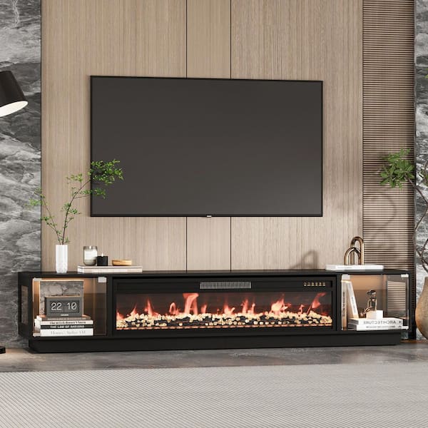 Black Designed PatternTV Stand Entertainment Center Fits TV's up to 80 in. with Fireplace and 2 Large Shelves