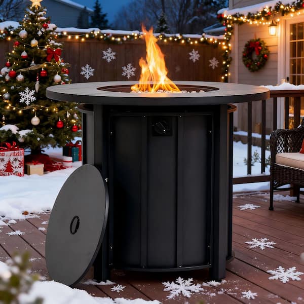 Black Round Steel Outdoor Fire Pit Table with Wood Grain Ceramic Tabletop and Glass Beads