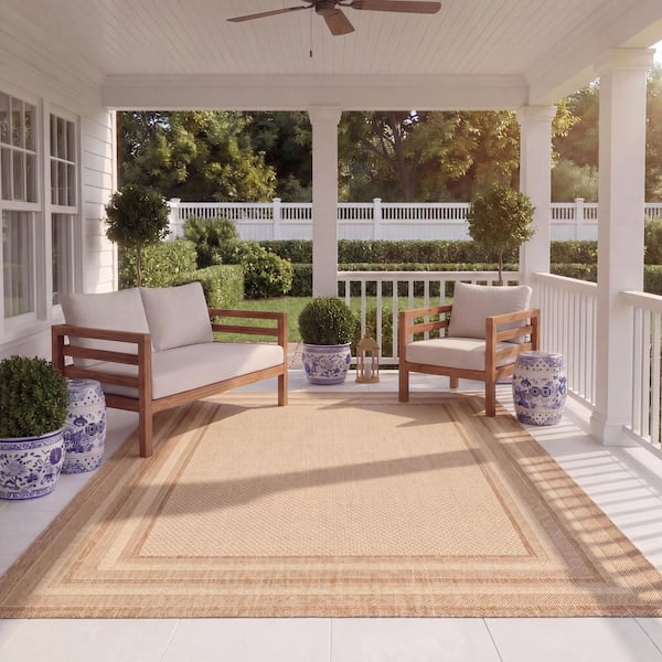Courtyard 7 ft. x 10 ft. Beige/Dark Beige Solid Color Striped Indoor/Outdoor Area Rug